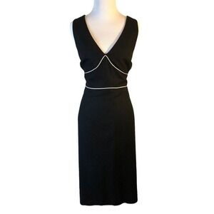 Black V Neck Sheath Dress Size 12 White Piping Sleeveless Career Cocktail